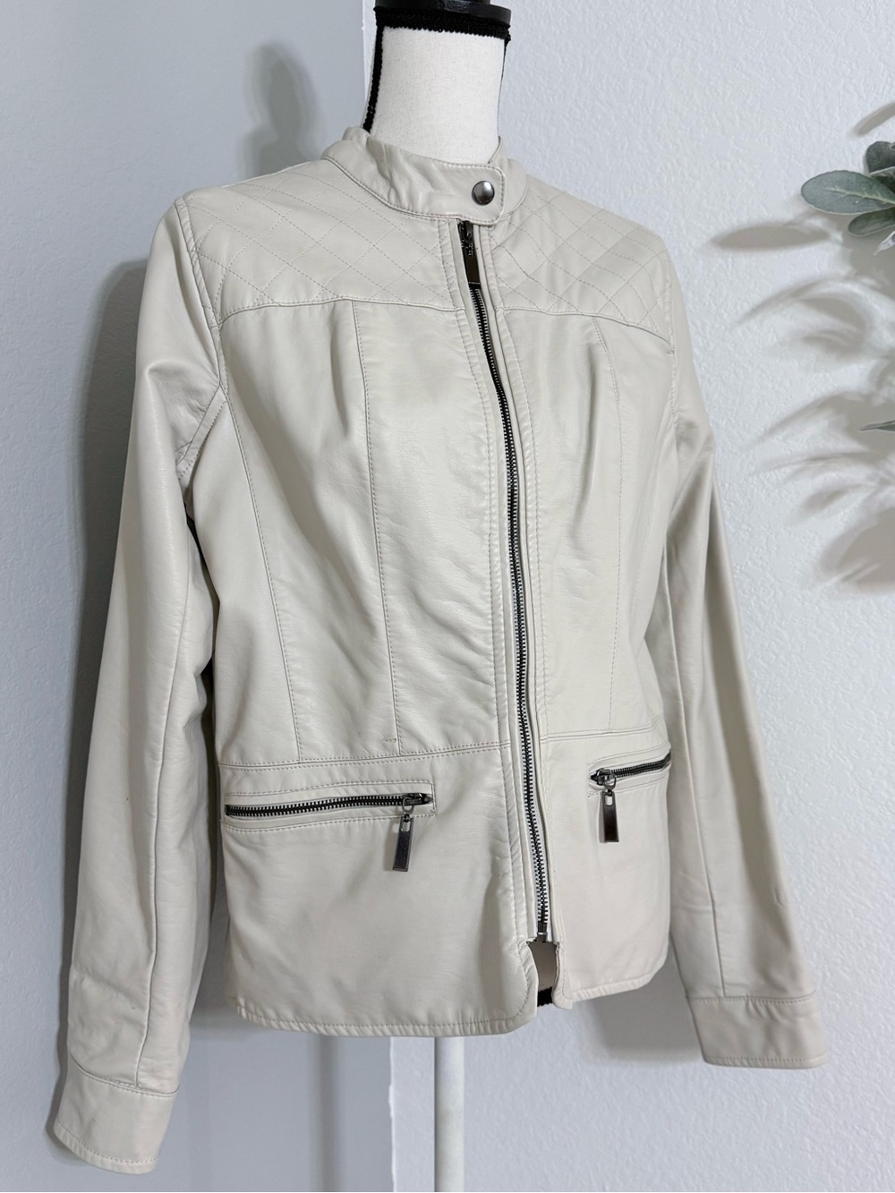 Faux Leather Moto Peplum Jacket, Zip Front & Quilted Beige